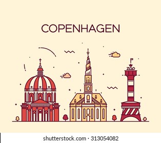 Copenhagen skyline, detailed silhouette. Trendy vector illustration, linear style.