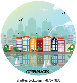 Copenhagen skyline. Flat style vector illustration.