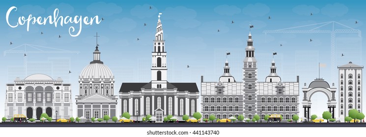 Copenhagen Skyline with Gray Landmarks and Blue Sky. Vector Illustration. Business Travel and Tourism Concept with Historic Buildings. Image for Presentation Banner Placard and Web Site.