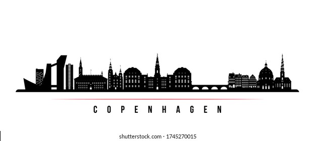 Copenhagen skyline horizontal banner. Black and white silhouette of Copenhagen, Denmark. Vector template for your design. 