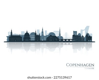 Copenhagen skyline silhouette with reflection. Landscape Copenhagen, Denmark. Vector illustration.