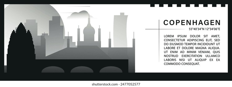 Anuncio de Vector del horizonte de Copenhague, silueta minimalista del paisaje urbano en blanco y negro. Gráfico Horizontal de la ciudad de Dinamarca, infografía de viaje, diseño monocromo para el Sitio web