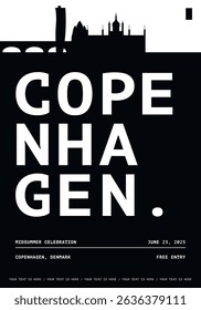 Copenhagen typography minimalist vector poster for national event, festival, independence day, holiday layout. Brochure, leaflet, flyer, presentation image template for Denmark city