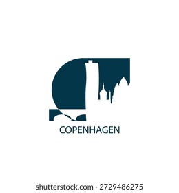 Icono de Vector de Copenhague con horizonte, vista panorámica, forma de perspectiva. Concepto de logotipo de Lugares famosos de la ciudad de Dinamarca. Gráfico aislado plano, insignia