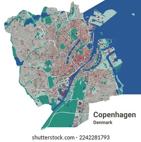 Copenhagen vector map. Detailed map of Copenhagen city administrative area. Cityscape panorama. Royalty free vector illustration. Outline map with buildings, water, forest. Tourist decorative road map