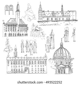 Copenhagen. Vector sketch town. Hand drawn public and religious buildings, urban elements,sculpture and soldiers of the guard.