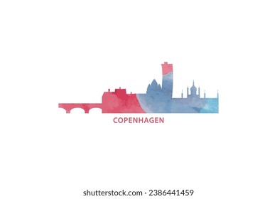 Copenhagen watercolor cityscape skyline city panorama vector flat modern logo, icon. Denmark capital emblem concept with landmarks and building silhouettes. Isolated graphic