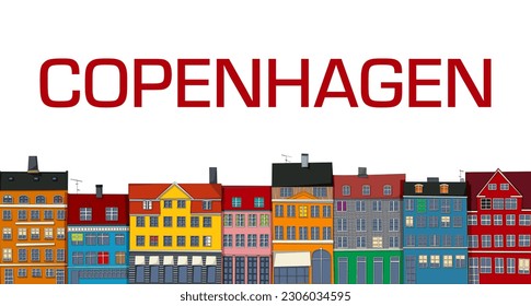 Copenhagen welcome card with city buildings skyline in colors over white background. Editable vector copy space illustration