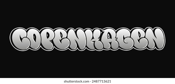 Copenhagen word trippy psychedelic graffiti style letters.Vector hand drawn doodle cartoon logo Copenhagen illustration. Funny cool trippy letters, fashion, graffiti style print for t-shirt, poster