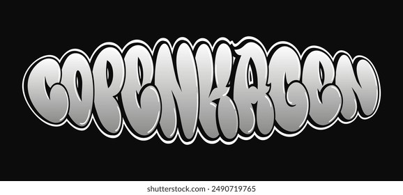 Copenhagen word trippy psychedelic graffiti style letters.Vector hand drawn doodle cartoon logo Copenhagen illustration. Funny cool trippy letters, fashion, graffiti style print for t-shirt, poster