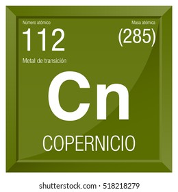 Copernicio symbol - Copernicium in Spanish language - Element number 112 of the Periodic Table of the Elements - Chemistry - Square frame with green background