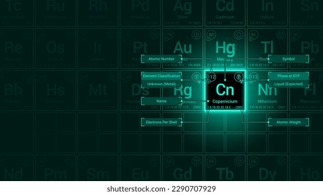Copernicium (Cn) Element Neon Light Glow Square Grid Background Design - Periodic Table, Chemical Symbol, Name, Atomic Weight, Atomic Number, Electron Shells, Classification, Phase at STP