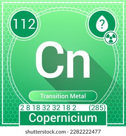 Copernicium (Cn) Element - Transition Metal - Periodic Table, Chemical Symbol, Name, Atomic Weight, Atomic Number, Electron Shells, Classification, Phase at STP - Chemistry Logo Icon Design