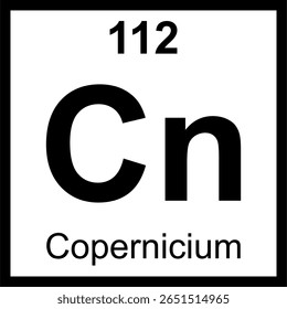 Copernicium (Cn) tabela periódica de elementos lado a lado. Ícone com número atômico 112. Elemento radioativo sintético nomeado em homenagem ao astrônomo Nicolaus Copernicus.