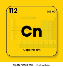 Copernicium the periodic table of  elements with name and symbol and atomic number and weight. Vector icon illustration placed in yellow wallpaper with table of elements transparent in the background