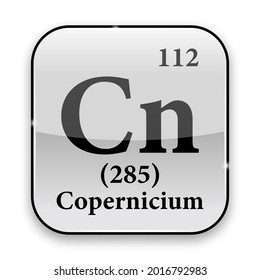 Copernicium symbol.Chemical element of the periodic table on a glossy white background in a silver frame.Vector illustration.