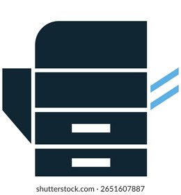 Copier machine icon vetor ilustrando equipamento de escritório para duplicação de documentos. Perfeito para projetos empresariais, administrativos ou de tecnologia que precisam de um símbolo simples e reconhecível.