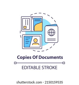 Copies Of Documents Concept Icon. Things To Pack For Surviving. Survival Bag Abstract Idea Thin Line Illustration. Isolated Outline Drawing. Editable Stroke. Arial, Myriad Pro-Bold Fonts Used