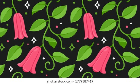 Copihue, Chilean bellflower seamless floral pattern. National flower of Chile. Vector drawing on dark background.