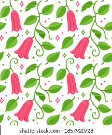 Copihue, Chilean bellflower seamless floral pattern. National flower of Chile. Vector drawing on white background.