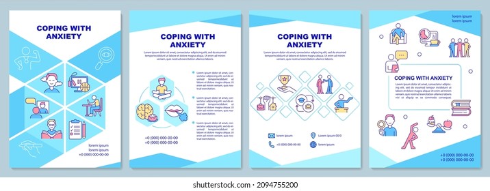 Coping with anxiety blue brochure template. Health mindset. Booklet print design with linear icons. Vector layouts for presentation, annual reports, ads. Arial-Black, Myriad Pro-Regular fonts used