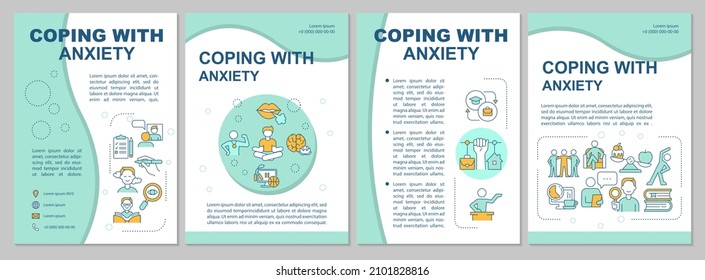 Coping with anxiety disorder mint brochure template. Healthy life. Booklet print design with linear icons. Vector layouts for presentation, annual reports, ads. Arial, Myriad Pro-Regular fonts used