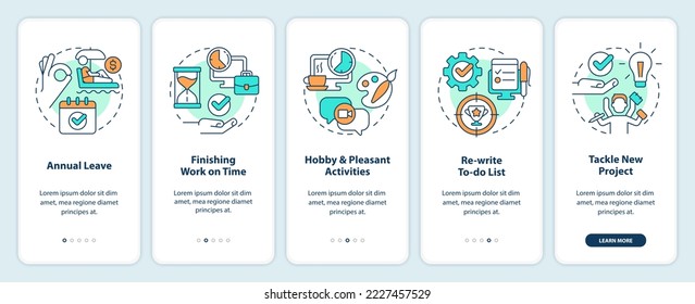 Coping with burnout onboarding mobile app screen. Combat work overload walkthrough 5 steps editable graphic instructions with linear concepts. UI, UX, GUI template. Myriad Pro-Bold, Regular fonts used