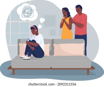 Coping With Depressed Teenager 2D Vector Isolated Illustration. Worried Parents Looking At Grumpy Son Flat Characters On Cartoon Background. Adolescent Mental Wellbeing Colourful Scene