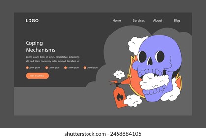 Coping mechanism dark or night mode web banner or landing page. Strategy to help manage difficult emotions. Fire extinguisher extinguishes a flame in burning human skull. Flat vector illustration