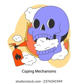 Coping mechanism. Strategy to face of stress and or trauma to help manage difficult emotions. Fire extinguisher extinguishes a flame in burning human skull. Flat vector illustration