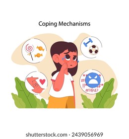 Coping mechanisms concept. Teary-eyed girl reflects on varied strategies: sweets and food, support from close ones, physical activities, and destructive aggression. Flat vector illustration.