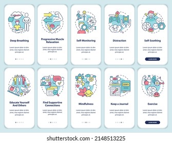 Coping with PTSD onboarding mobile app screen set. Mental health walkthrough 5 steps graphic instructions pages with linear concepts. UI, UX, GUI template. Myriad Pro-Bold, Regular fonts used