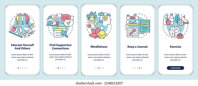 Coping with PTSD process onboarding mobile app screen. Psychotherapy walkthrough 5 steps graphic instructions pages with linear concepts. UI, UX, GUI template. Myriad Pro-Bold, Regular fonts used