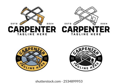 coping saw, hacksaw crossed colorful and outline logo design set for workshop and carpenter. hacksaw, coping saw cutting tool crossed illustration badge logo template for woodwork, craftsman 