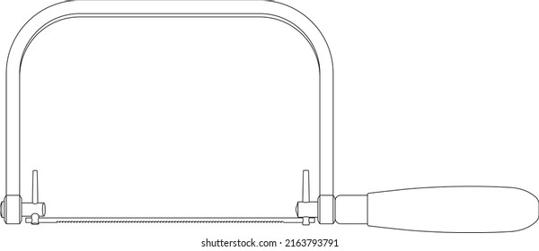 Encender el vector de contorno aislado de sierra sobre fondo blanco. Esta sierra de arco se utiliza para cortar intrincadas formas externas o interiores en madera o carpintería. Crear copias de cobre, mordaces y libre trabajo.