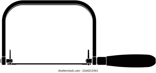Coping saw isolated vector black silhouette on white background. This bow saw is used to cut intricate external shapes or interior in woodworking or carpentry. Create coped, mitre joints and fretwork.