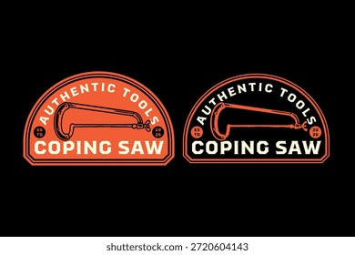 Coping sah Retro-Badge-Logo-Design-Set für Handwerk. Holzbearbeitungs-Säge Vintage Patch Symbol Grafikpaket für Holzbuchse. Feinzerkleinerungssäge rustikales Emblem-Elementbündel für Werkstatt