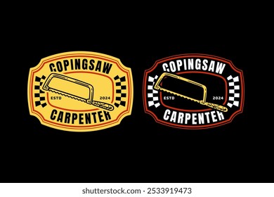 coping saw with wooden handle retro badge logo design for woodwork, craftsman, handyman. handsaw, traditional coping saw, cutter emblem logo collection for carpenter, workshop, construction 