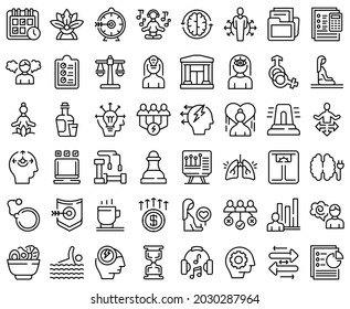 Coping skills icons set outline vector. Stress love. Meditation anxiety