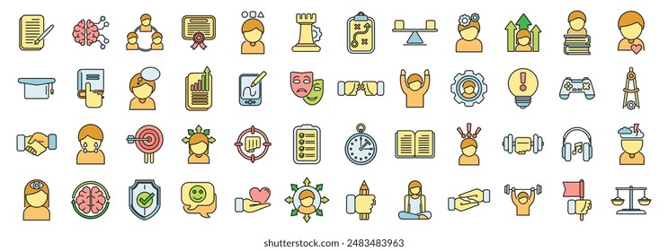 Coping skills icons set outline vector. Love stress. Breath anxiety thin line color flat on white