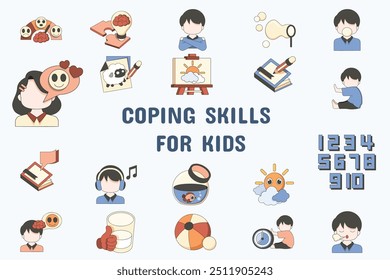 Coping Skills for Kids Lineal Color Vetor Ilustração Ícone Adesivo Definir Materiais de Design