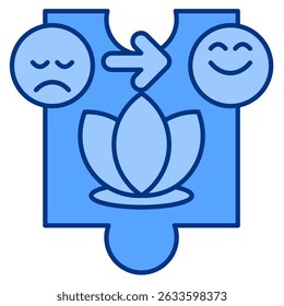 Coping Estratégias ícone representado por quebra-cabeça, lótus, emoticon estilo azul.