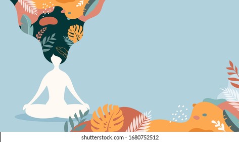 Coping with stress and anxiety with mindfulness, meditation and yoga. Vector background in pastel vintage colors with a woman sitting cross-legged and meditating. Vector illustration