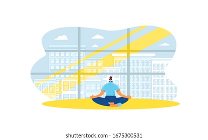 Coping with stress concept. Young woman sitting in yoga lotus pose and meditation near big window. Relaxation. Well-balanced person have a break to fix her emotions. Vector flat illustration.