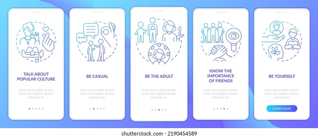Coping with teenagers blue gradient onboarding mobile app screen. Be role model walkthrough 5 steps graphic instructions with linear concepts. UI, UX, GUI template. Myriad Pro-Bold, Regular fonts used