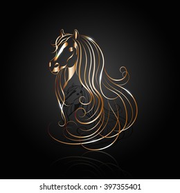 Copper abstract horse with reflection on black background.