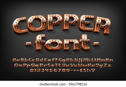 Kupfer-Alphabet-Schriftart. Messy Steampunk 3D Buchstaben, Zahlen und Symbole. Groß- und Kleinschreibung. Stock-Vektorgrafik für Ihr Design.