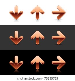 Copper arrow icon web 2.0 buttons with shadow and reflection on white, gray and black