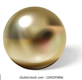 Copper or brass ball with shadows from below realistic vector isolated on white background. Shiny, metallic sphere with reflections on chrome or matt surface 3d illustration