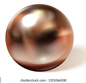 Copper or brass ball with shadows from below realistic vector isolated on white background. Shiny, metallic sphere with reflections on chrome or matt surface 3d illustration